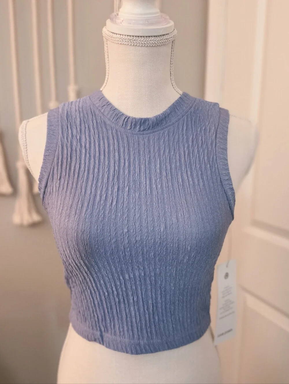 Sleeveless Textured Crop Tank Top - Dusty Blue - Picture 1 of 5